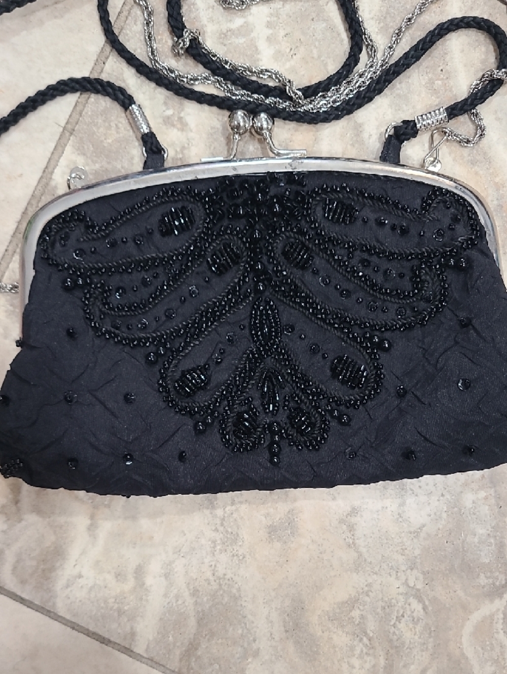 Black Beaded Evening Clutch with Chain Strap